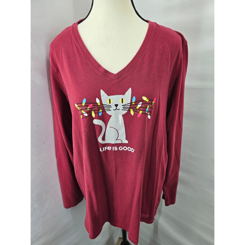 Life is Good Womens XL Crusher Tee Christmas Cat Holiday Lights V-Neck Red